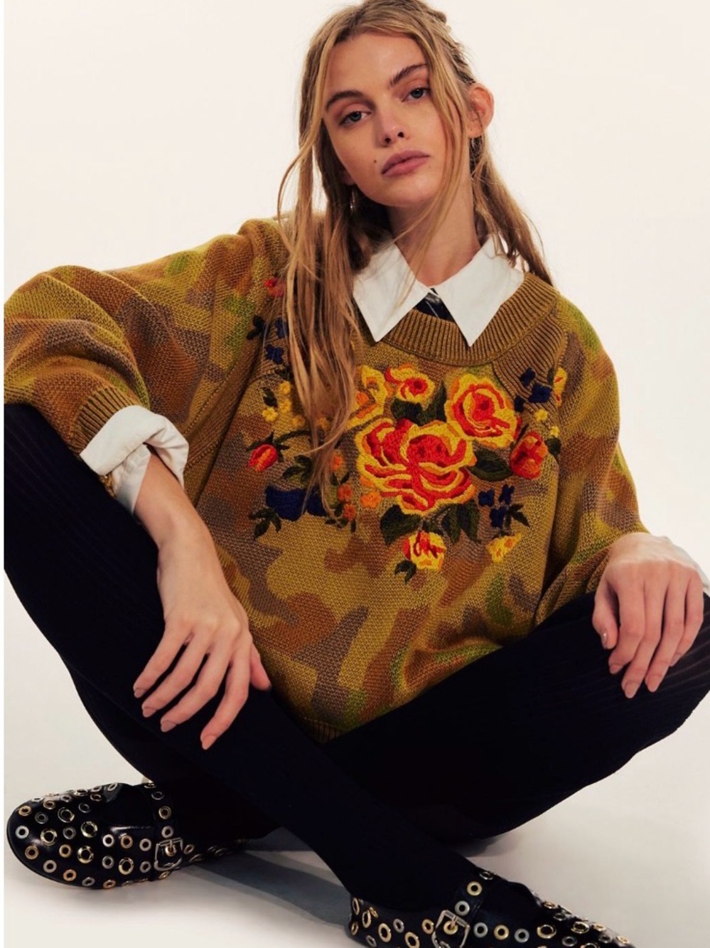 Free People Olive Green Floral Embroidered Crewneck Sweater medium